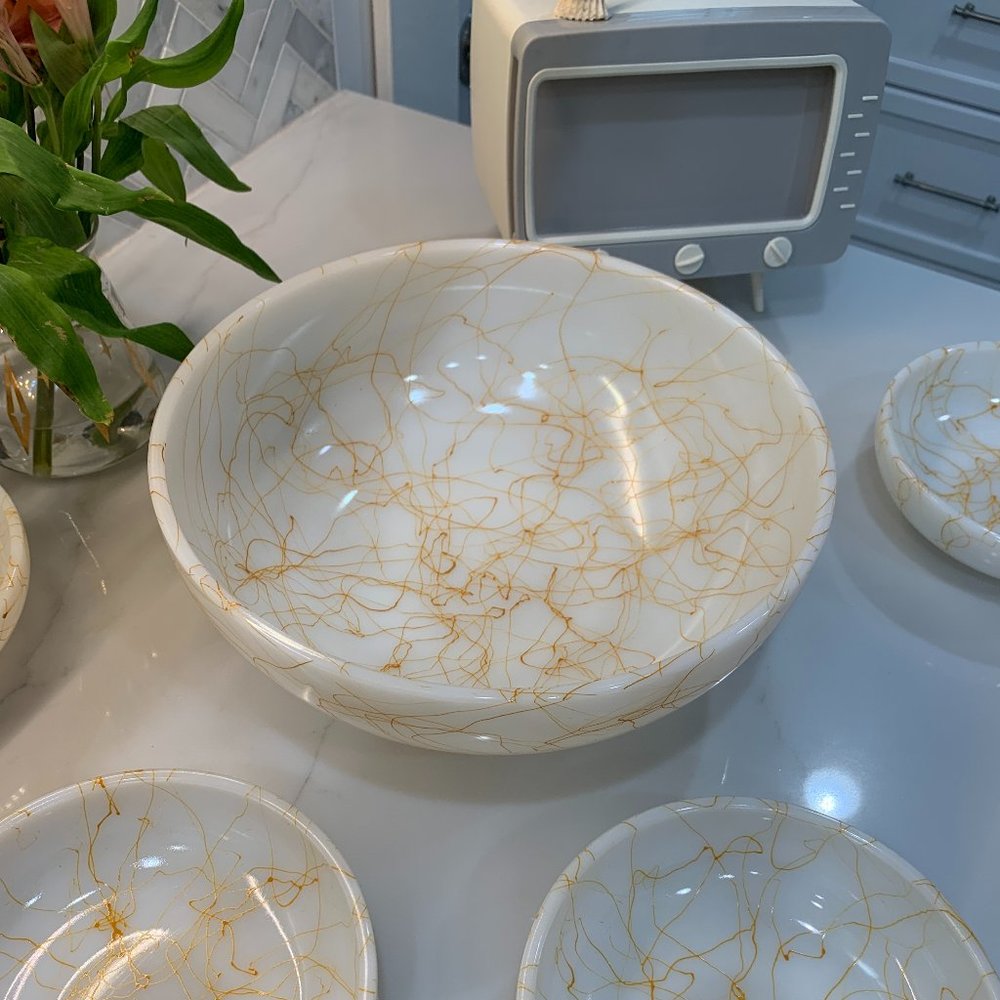 Fantastic Vintage Hazel Atlas Milk Glass Butterscotch Drizzle Serving Bowl Set - Picture 9 of 15